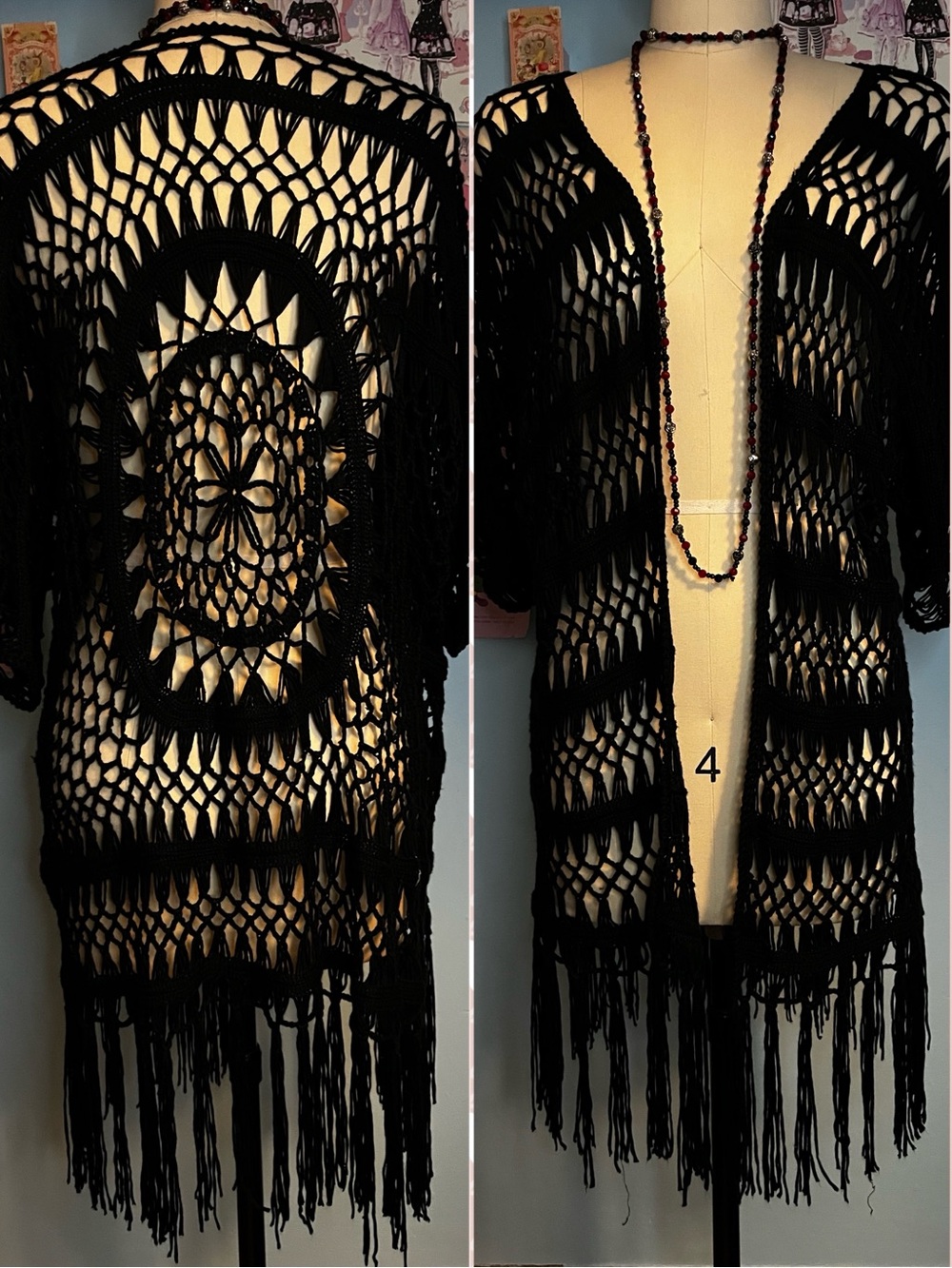 Vintage Crochet Whimsigoth Black Fringe Duster Cardigan